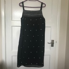 Vintage Next Navy Blue Dress UK Size 14 Sleeveless Silver Embroidered Floral