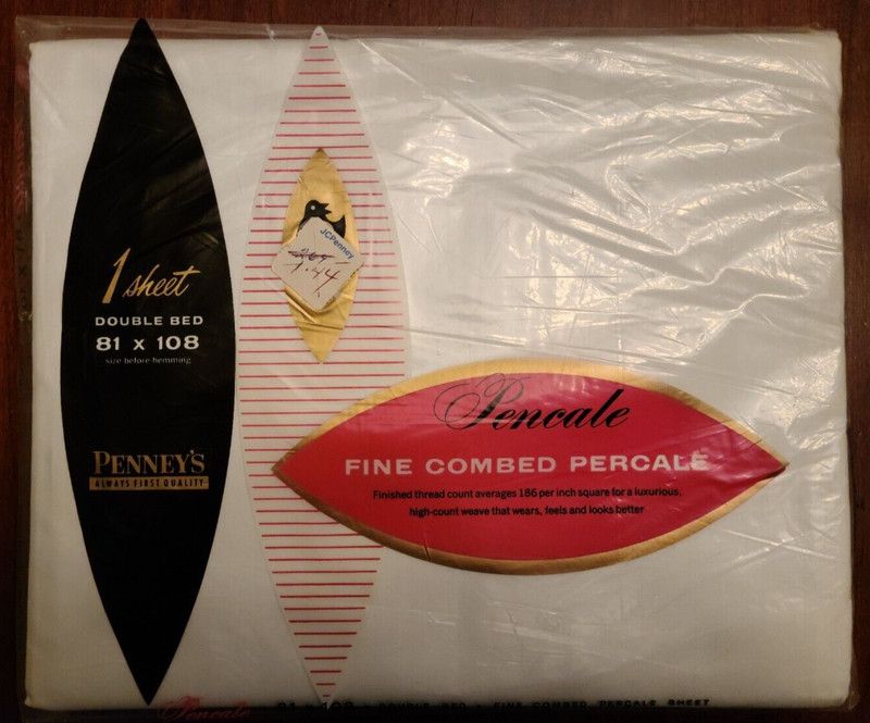 Vintage 1960s JC Penny Flat Sheet Percale White Double Bed Sheet 186 Threads/in