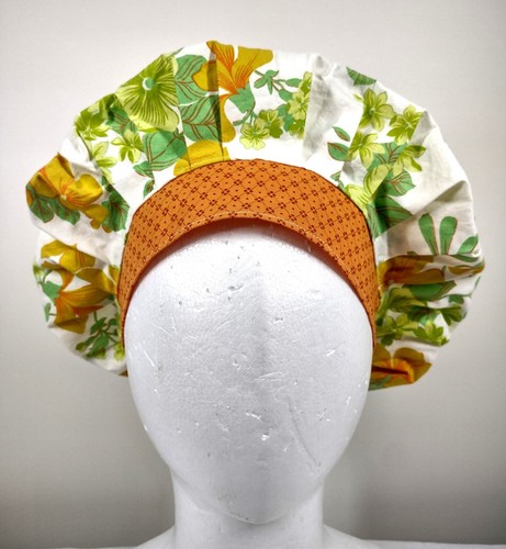 Bouffant Scrub Cap Chemo Hat Chef Handmade Cotton Orange Floral 23.5” to 33.5” - Picture 2 of 8