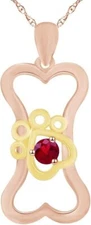 Dog Bone Heart Paw Pendant 18" Necklace Simulated Birthstone Rose Sterling