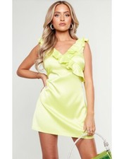Prettylittlething - Petite Lemon Frilled Satin Mini Dress - Size 6 - BNWT