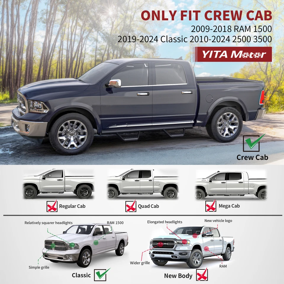 Running Boards for 2009-2018 Dodge Ram 1500 /2019-2024 Ram 1500 Classic Crew Cab Foto 2 de 4