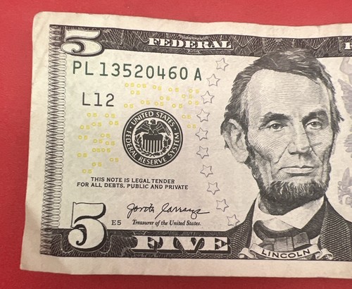 Fancy $5 Dollar Bill Serial Number PL 13520460 A, Broken Ladder 7of 8 2017A - Picture 3 of 4