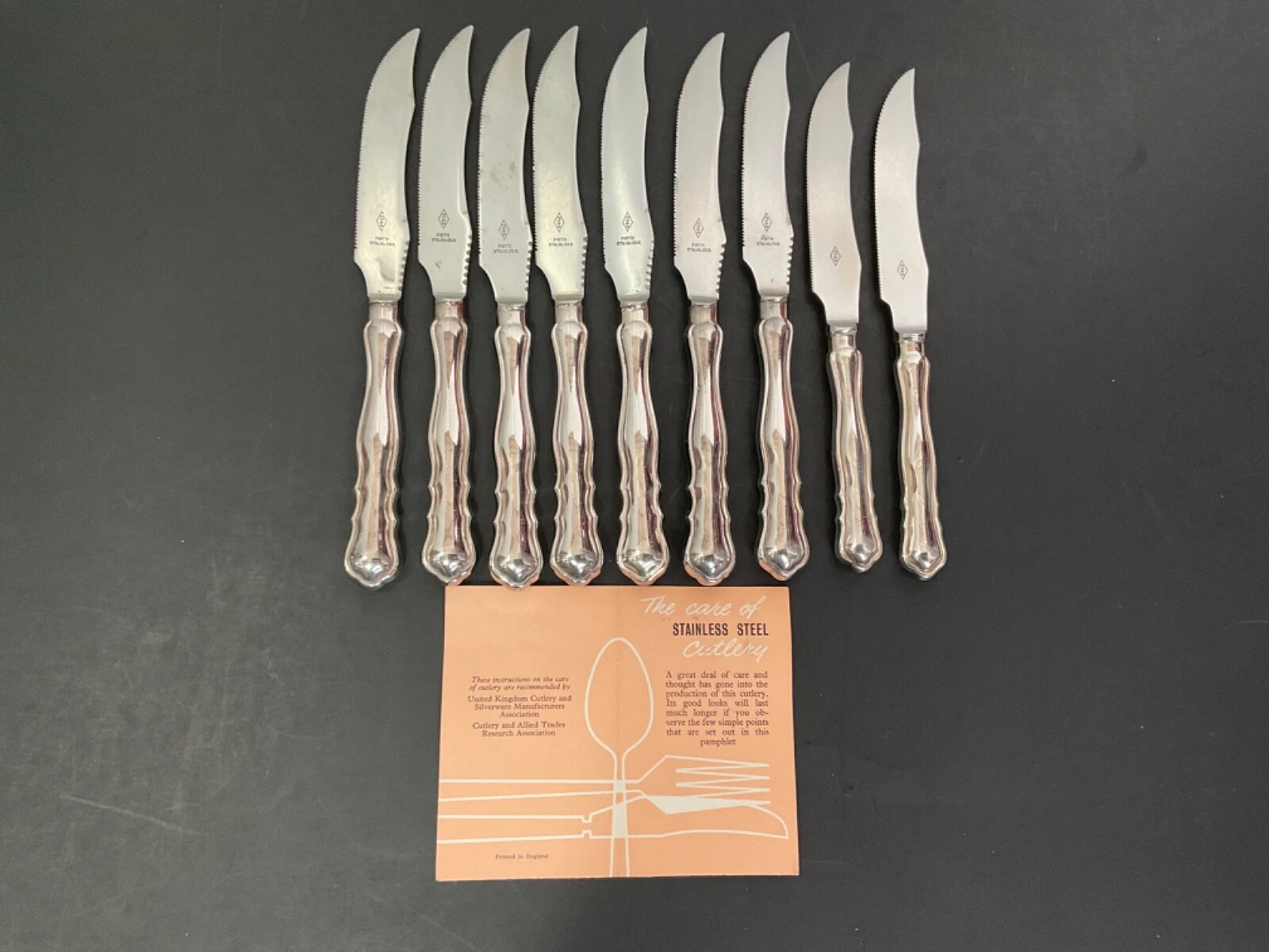 Vintage Firth Steak Knives Stainless & Silverplate W/ Serrated Blades Lot of 9