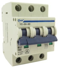 YuCo YC-50-3D Miniature Din Rail Circuit Breaker D-Curve 50-Amp 3P 480VAC 220VDC