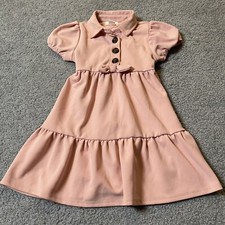 Girl  s Tiered Party Dress Sz 4T Peach Puff Sleeve Collared Buttons Bow Classic