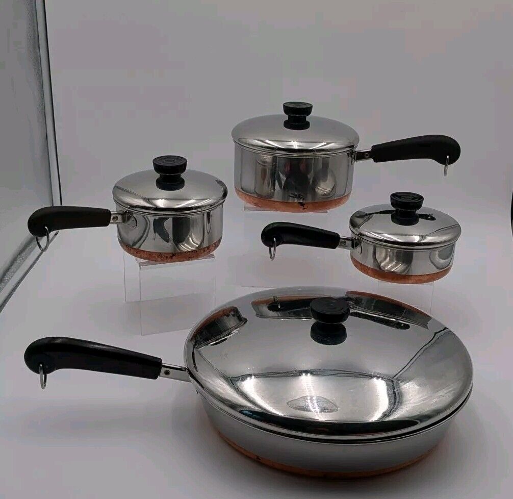 Revere Ware 8 Pc Set Copper Clad Bottom Cookware 1801 - 3 Revere Ware 8 Pc Set Copper Clad Bottom Cookware 1801 - 3