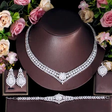 Big Oval Zircon Flower Leaf Design Silver Plated Cubic Zircon Bridal Jewelry Set