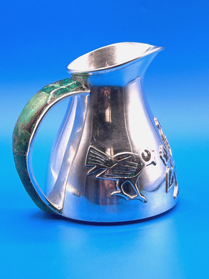 Vintage Los Castillo Pitcher Silver Malachite Inlay Handle Bird
