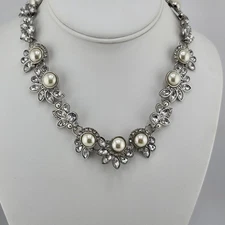 Charming Charlie Silver Tone Faux Pearl Clear Rhinestone Necklace
