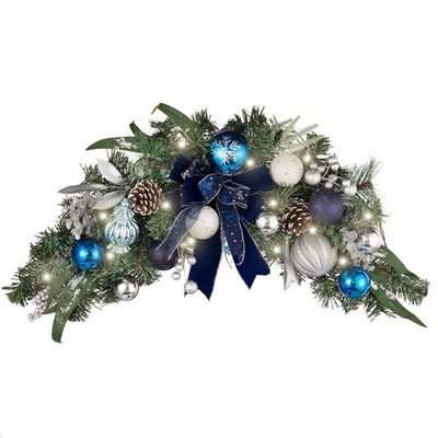 Pre-Lit Christmas Swag for Decorating Outdoor, 24 Inch Silver Blue Mailbox Sw...