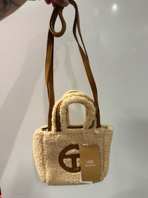 Ugg x Telfar Womens Mini Shearling Suede Tote Handbag White Brown Reverse