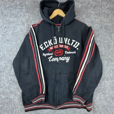 Vintage Y2K Ecko Unlimited Hoodie Mens Large Black Red Embroidered Logo Full Zip