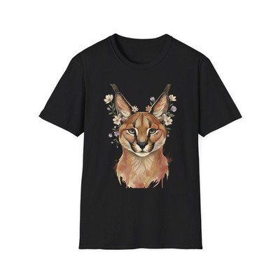 Caracal Floral Watercolor Boho Black Tee Nature Aesthetic Graphic T-Shirt