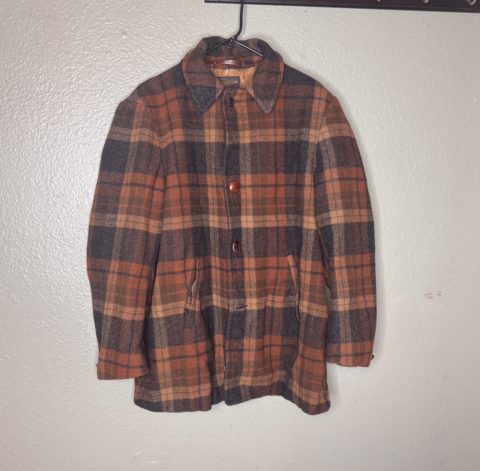 Vintage Pendleton Jacket Brown Plaid Wool USA 50s Chore Car Coat Medium