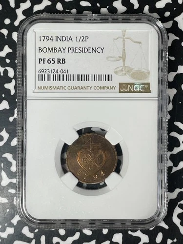 1794 India Bombay Presidency 1/2 Pice NGC PR65RB Lot#G340 Proof! Gem BU!
