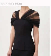 Trina Turk Women's Black Yuma Smocked Tulle Sleeve Blouse Top Size L