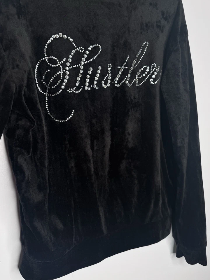 Sudadera con capucha Hustler para mujer de terciopelo negro con cremallera completa pedrería talla Y2K pequeña Foto 3 de 4