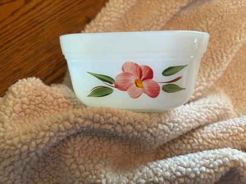 Vintage Fire King WHITE MILK GLASS  4" OVENWARE W/PEACH BLOSSOM DISH No Lid