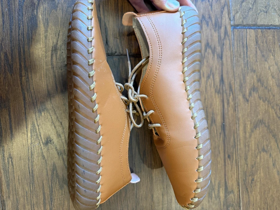 Zapatos de cuero hechos a mano para mujer 9 para hombre 7 color tostado puntadas con cordones mocasín plano cómodo Foto 3 de 4