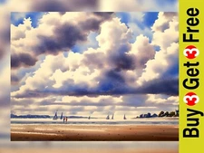 Dramatic Coastal Clouds 5"x7" Print on Matte Paper | Serene Beach Watercolor Art