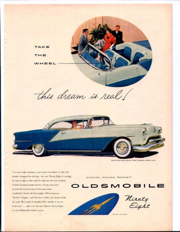 1954 OLDSMOBILE NINETY-EIGHT DELUXE HOLIDAY COUPE Original Vintage Auto Promo Ad