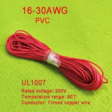 Red 16AWG to 30AWG PVC Electronic Wire Cable, Tinned Copper Stranded Wiring