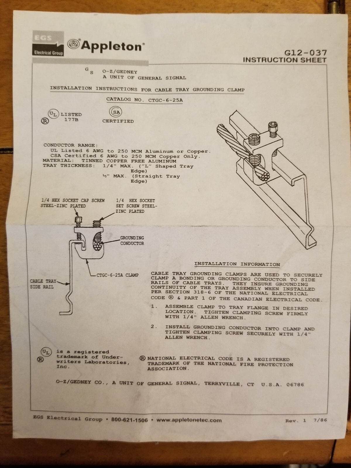 Appleton Cable Tray Grounding Conductor Clamp, 1 PC eBay
