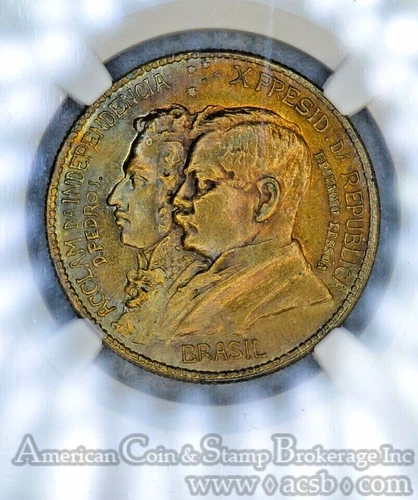 Brazil 1000 Reis ND 1922 MS63 NGC aluminum-bronze KM#522.1 COLORFUL TONING