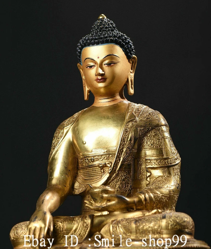 11.4" Antiguo Nepal Bronce Dorado Pintura Shakyamuni Sakyamuni Amitabha Buda Estatua Foto 2 de 4