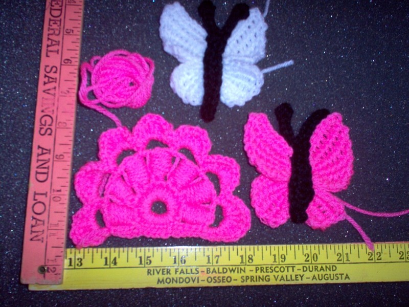 Hand crochet appliques,  2 butterflies, and flower, rose and white