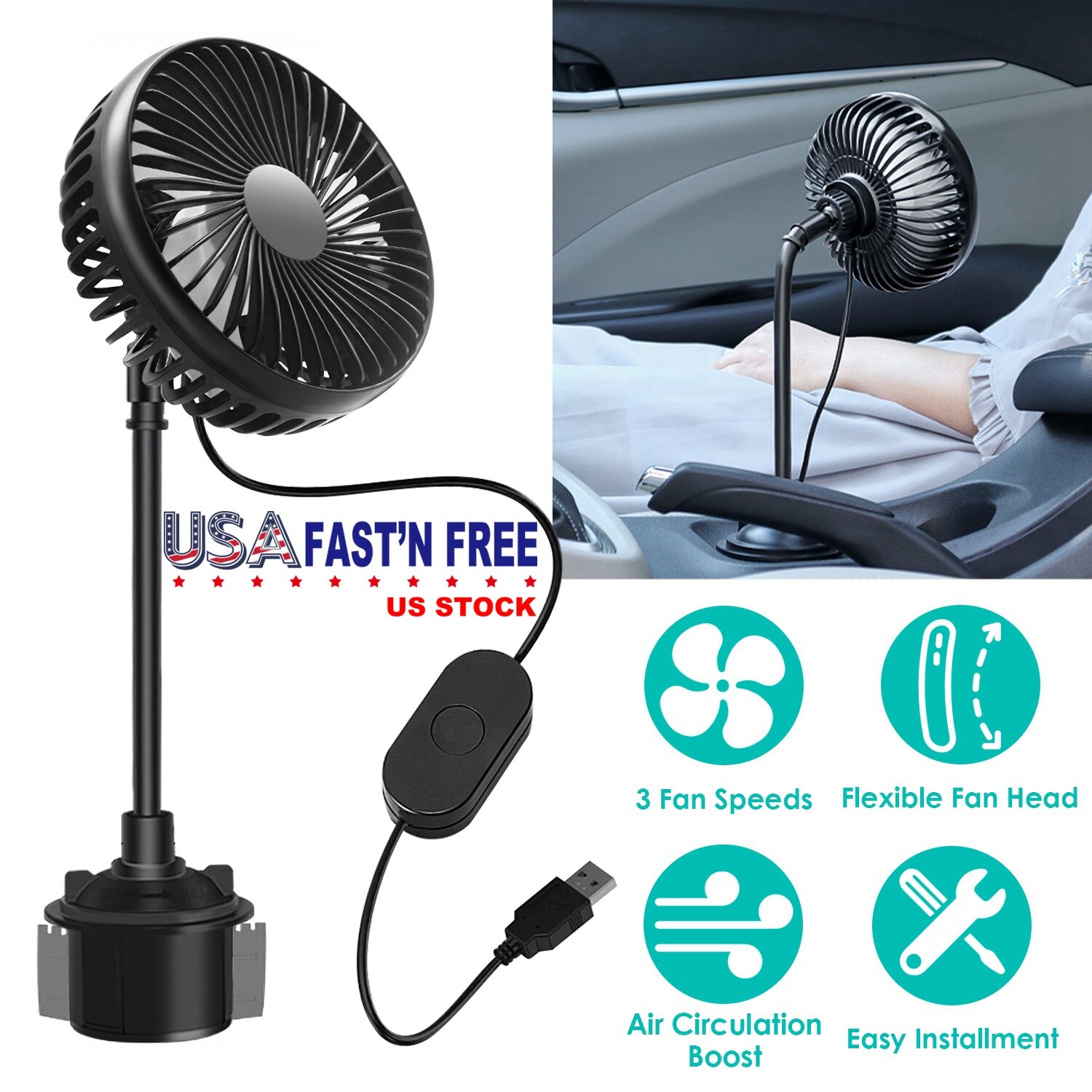 USB Car Cooling Fan Portable Car Cup Holder Fan Adjustable Gooseneck Fan 3 Speed eBay