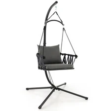 Outdoor Balcony Foldable Hanging Swing Chair w/ Metal Stand, Seat & Back Cushion