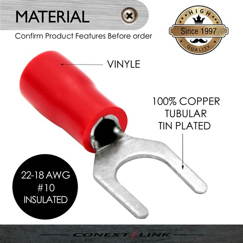100 Spade Fork Terminal Connector Vinyl Red 22-18 GA AWG Gauge #10 Stud Speaker - Picture 2 of 9