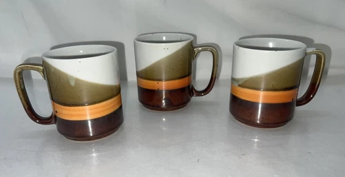 Vintage Stoneware Pottery Speckled Coffee Mug Cup Stripe Japan Brown Lot x3 C1P