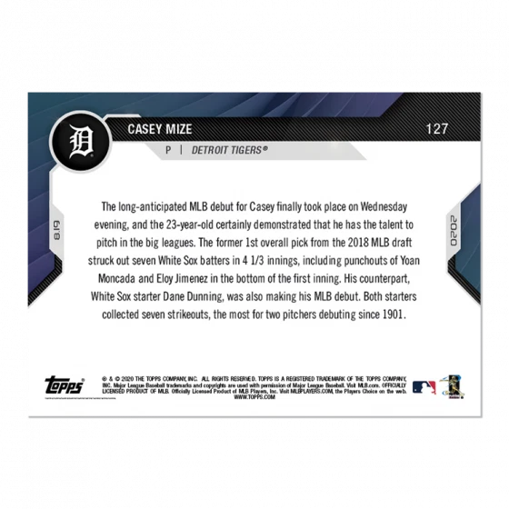 2020 Topps Now~Card #127 Casey Mize Top 10-MLB Prospect Debuts with 7 Ks - Image 2 of 2