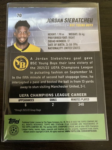 2021-22 Topps Stadium Club cromado UEFA JORDAN SIEBATCHEU RC refractor Prizm ️ - Imagen 6 de 6