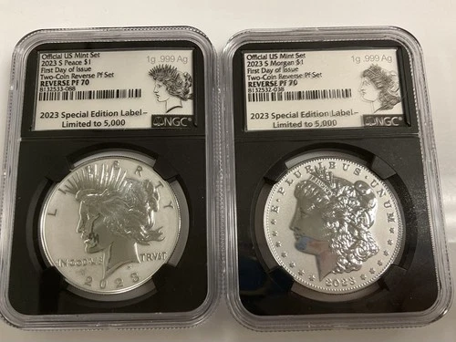 🌟 2023-S Proof $1 Morgan & Peace Silver Dollar NGC PF70 Set w/ 1g SILVER Label