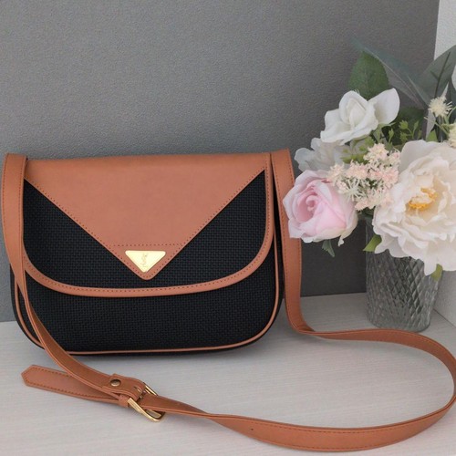 Yves Saint Laurent Shoulder Crossbody Bag Black Nylon Brown Leather Women's