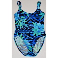 Vintage Swimsuit Catalina Size M Y2K Ocean Blue Green Tropical Flowers Ribbed