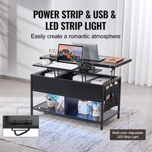 Uimoso Lift Top Coffee Table 39.4" Rectangle Coffee Table with Light & USB Black - Picture 5 of 11