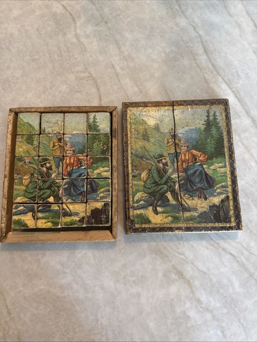 Vintage German Wooden Cube Puzzle Alpine Mountain Scene Original Box
