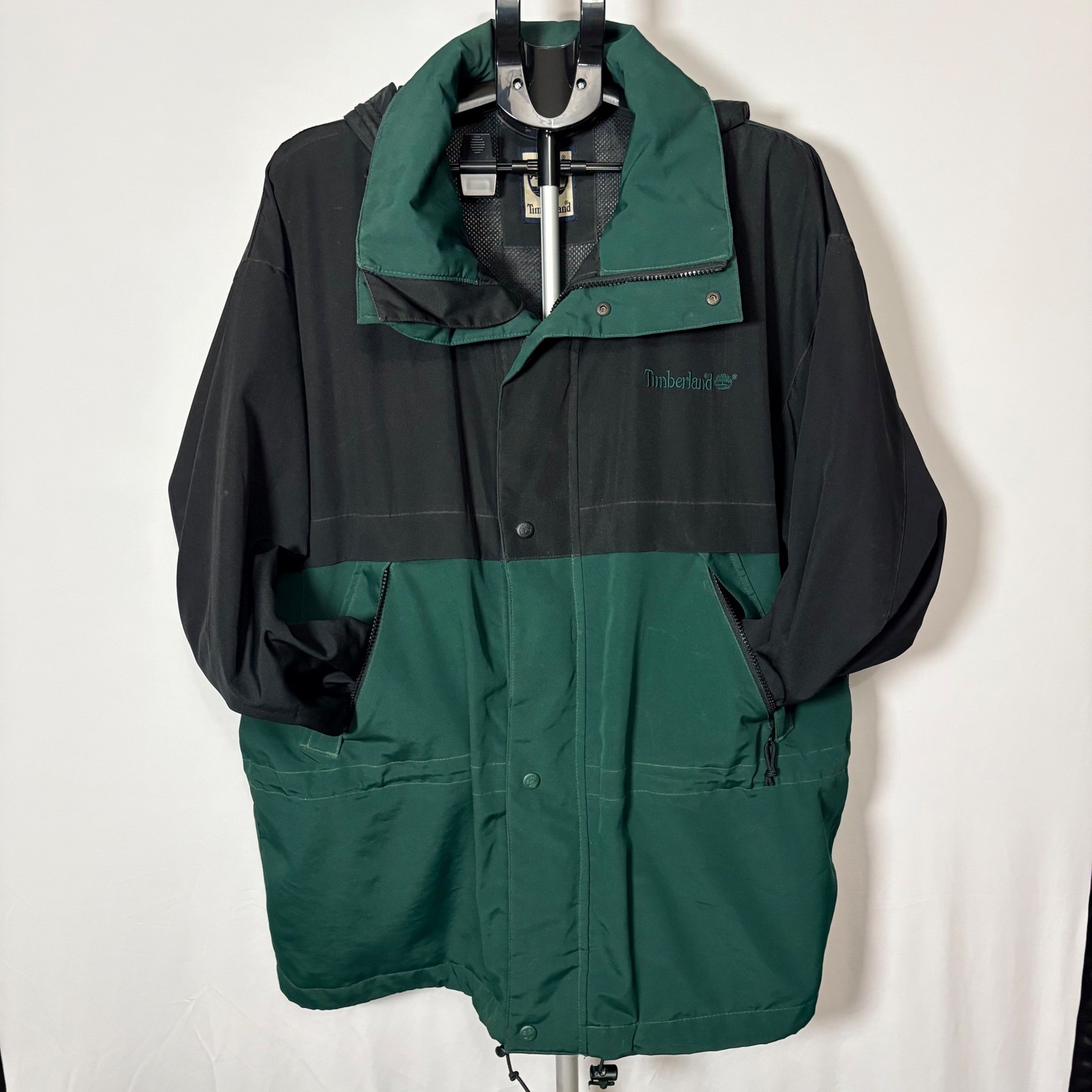 Timberland, Vintage Timberland Hooded Parka Jacket Mens Large Colorblock Green Black 90s
