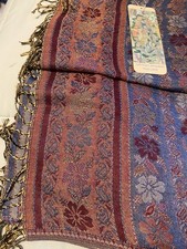 Jerusalem Cashmere Woven Floral Fringe Rectangle Scarf Blue Red Orange Beige