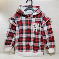 Tommy Hilfiger Girls Plaid Pullover Hoodie Size 5 Logo Ruffle Fleece Blend