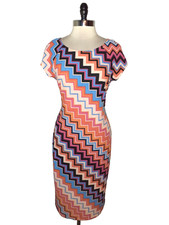 BEIGE by ECI Size 12 Sheath Dres Black Blue Orange Zig Zag Short Sleeve Stretch