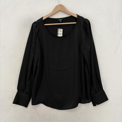 Express Blouse Womens Medium Black Scoop Neck Long Sleeve Button Cuff Dressy