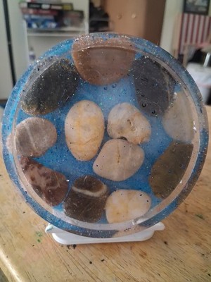 Handmade Resin Round Plate with Embedded Pebbles Blue Nature Theme Collectible
