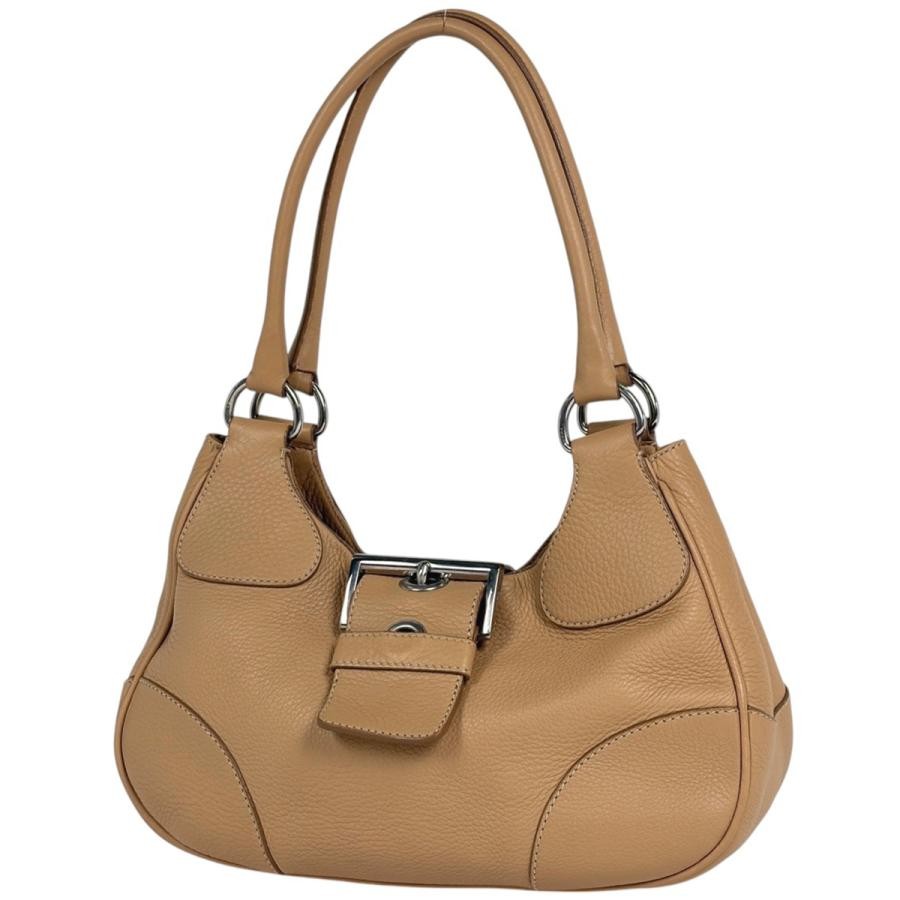 PRADA Plate Handbag Shoulder Bag Leather Beige #BS1055