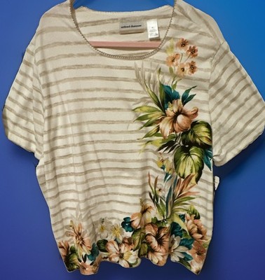 Alfred Dunner 3X Beige/White Striped Floral Beaded Knit Scoop Neck Top  SS NWT